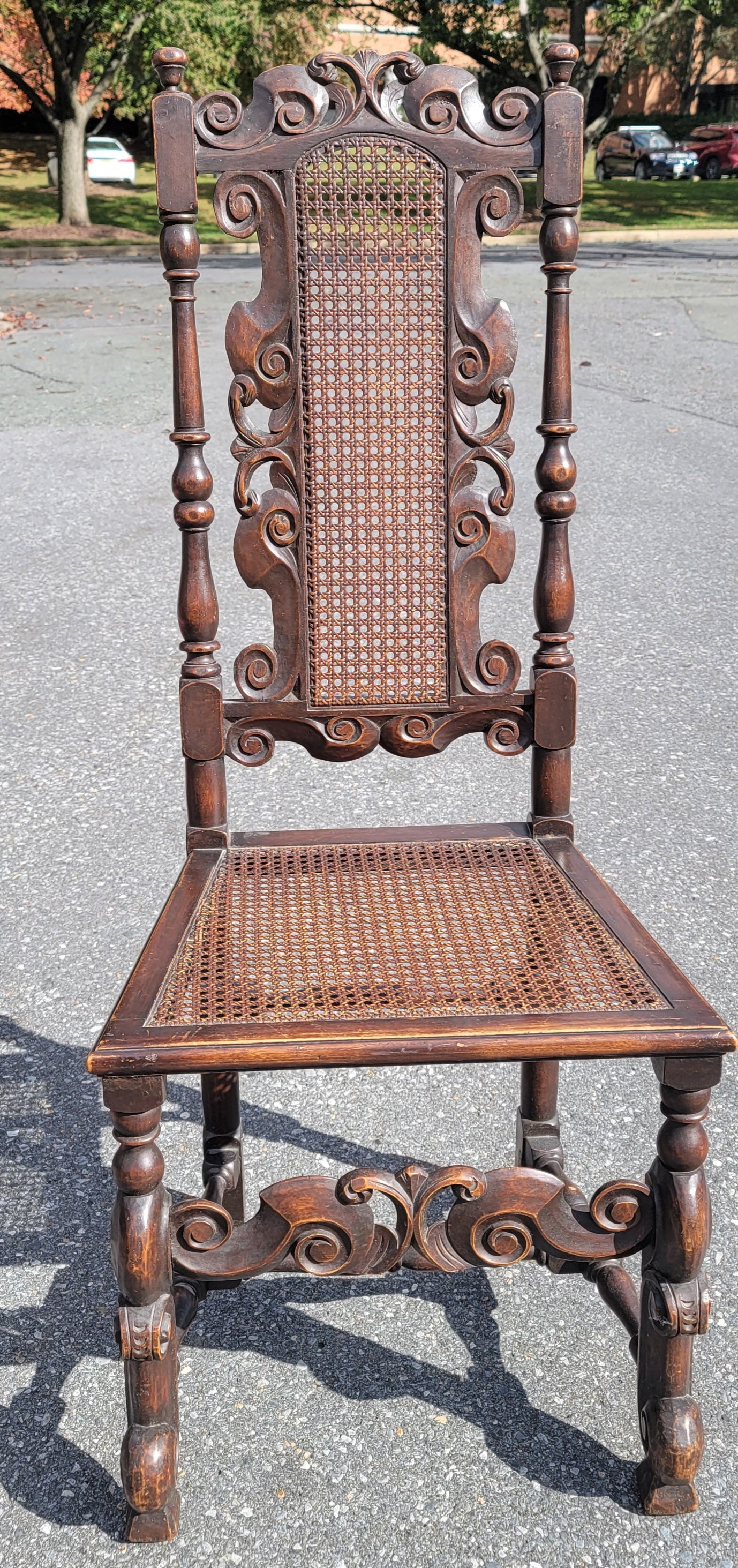  Pair 19th Century Paine Furniture Hand-Carved William & Mary High Back Chairs  For Sale 4
