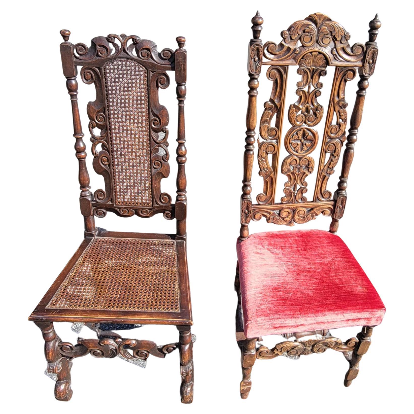  A majestic mismatched Pair of 19th Century Paine Furniture Hand crafted and Carved William & Mary High Back Chairs. 
The chairs are in stable and very good condition for their age. The cane chair measures 19