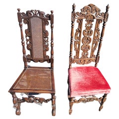 Pair 19th Century Paine Furniture Hand-Carved William & Mary High Back Chairs