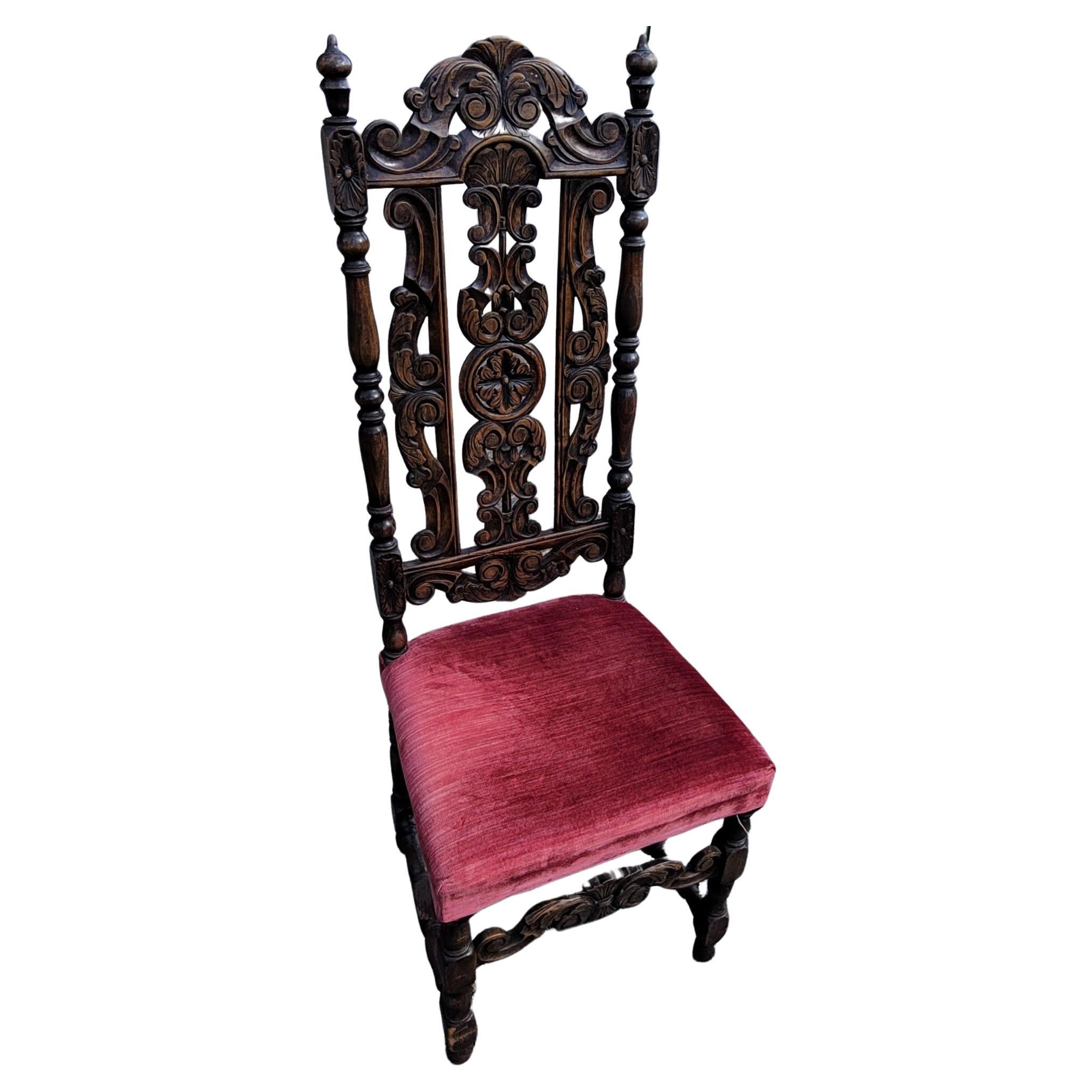 Woodwork  Pair 19th Century Paine Furniture Hand-Carved William & Mary High Back Chairs  For Sale