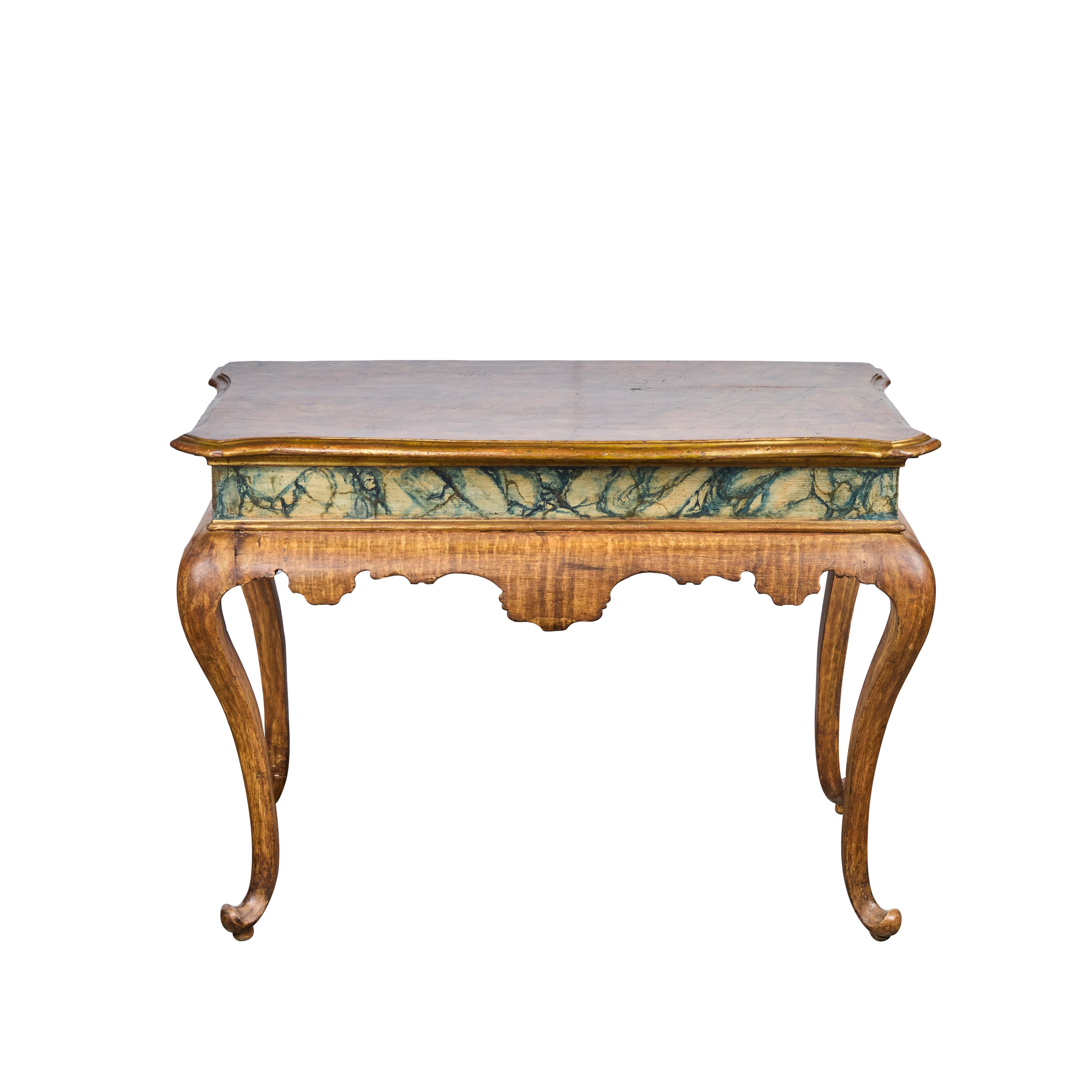 Pair of hand-carved, hand-painted faux marble and gilded consoles from the area of Genoa, Italy.  