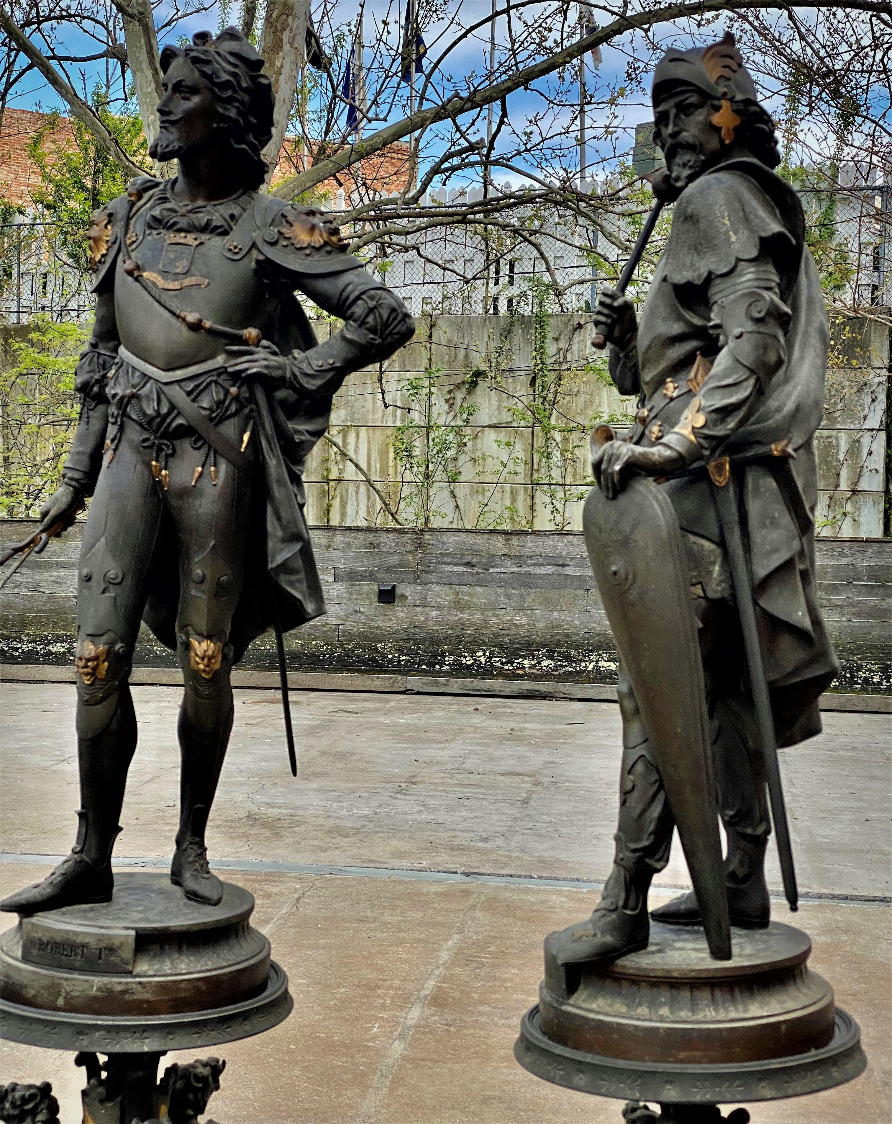 Unknown Pair 19th Century Palatial Spelter Medieval Statues Roland & Robert I on Stands For Sale