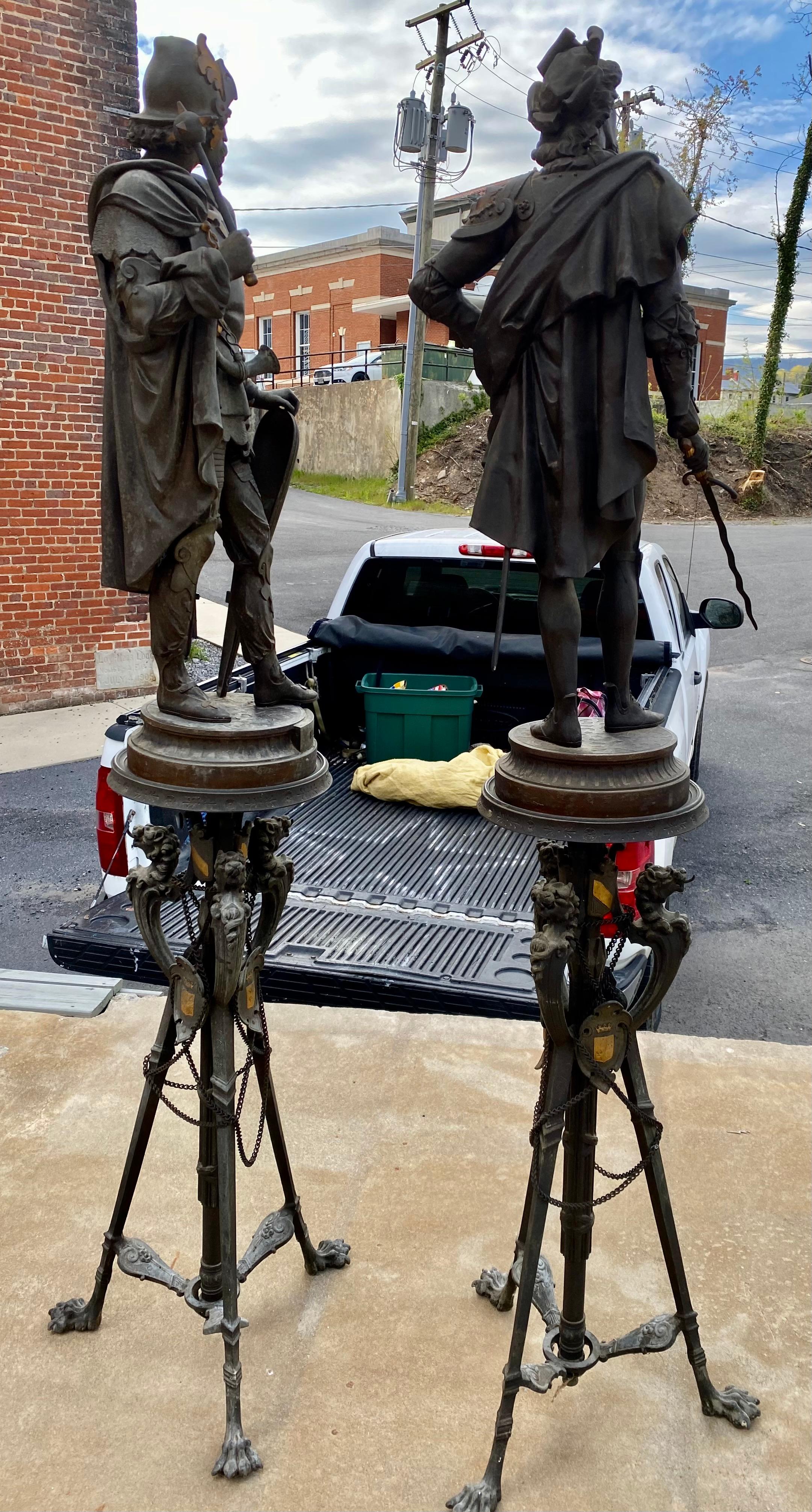 Pair 19th Century Palatial Spelter Medieval Statues Roland & Robert I on Stands In Good Condition For Sale In Clifton Forge, VA