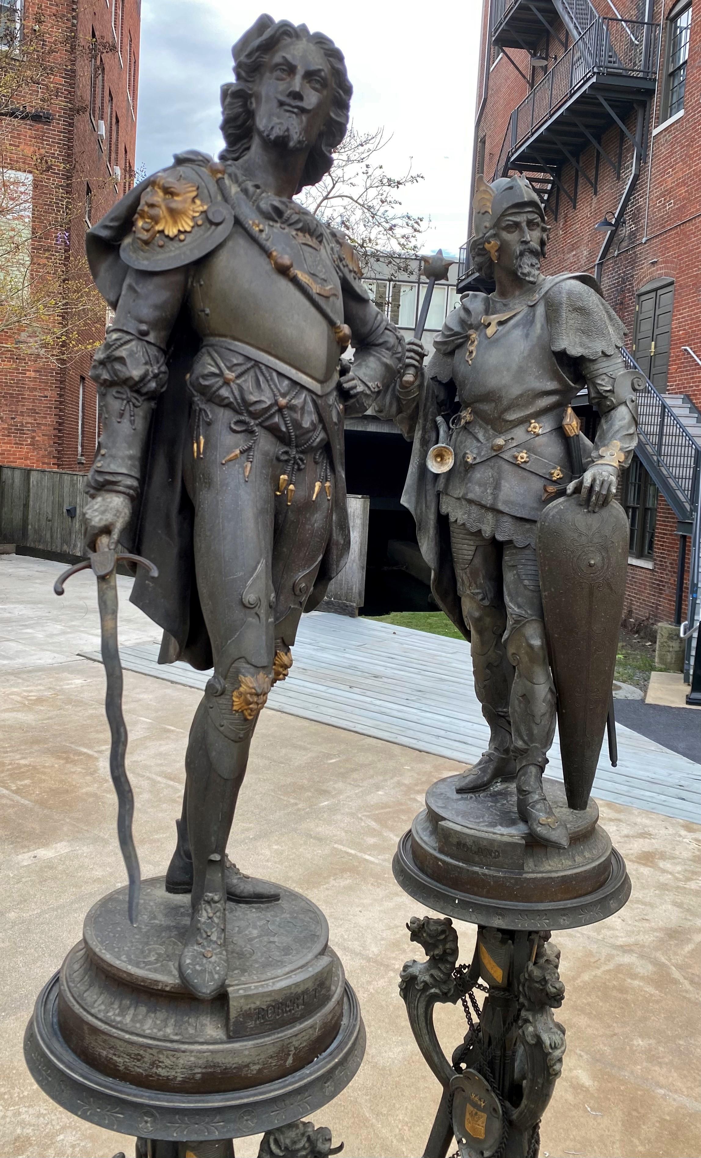 Pair 19th Century Palatial Spelter Medieval Statues Roland & Robert I on Stands For Sale 1