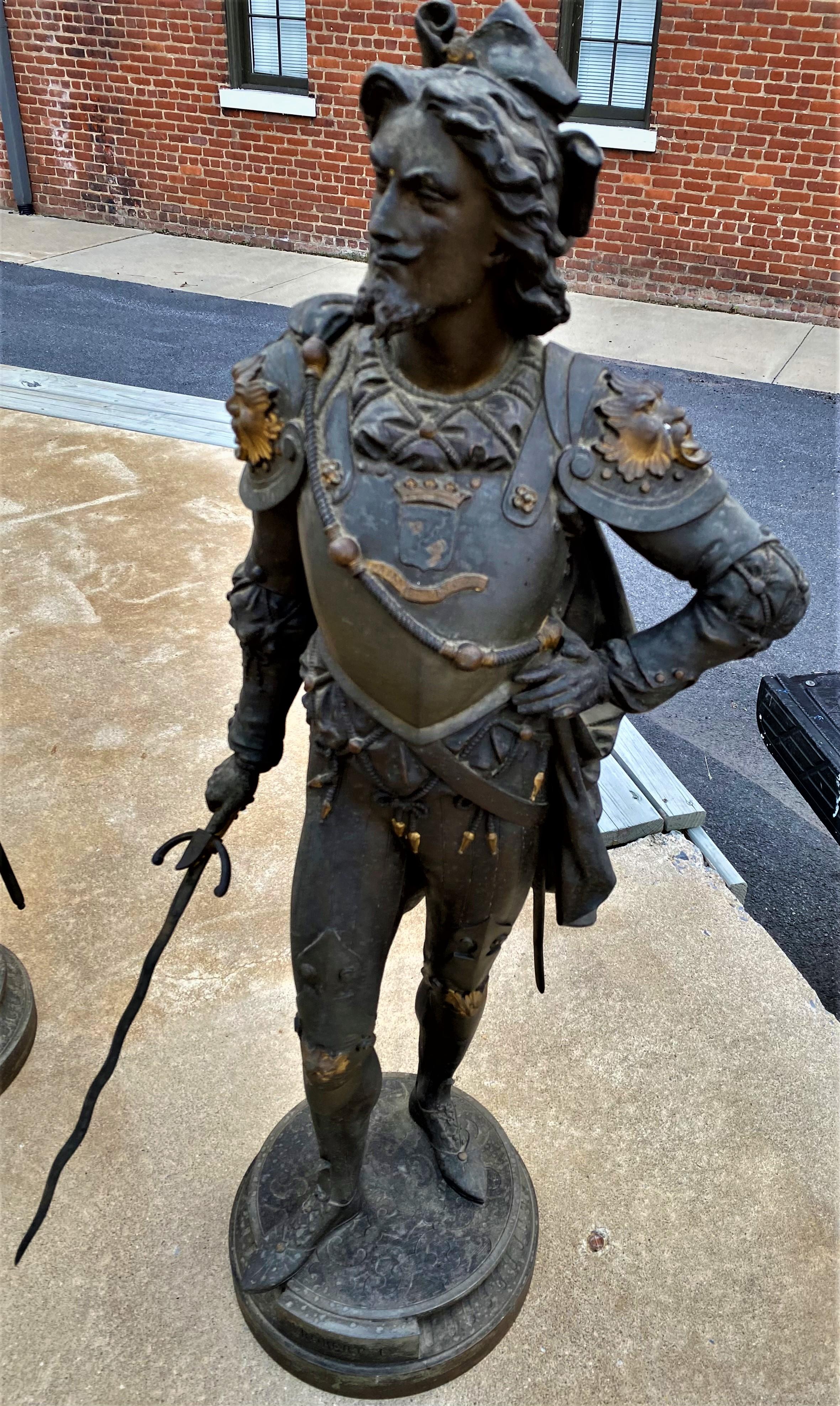 Pair 19th Century Palatial Spelter Medieval Statues Roland & Robert I on Stands For Sale 2