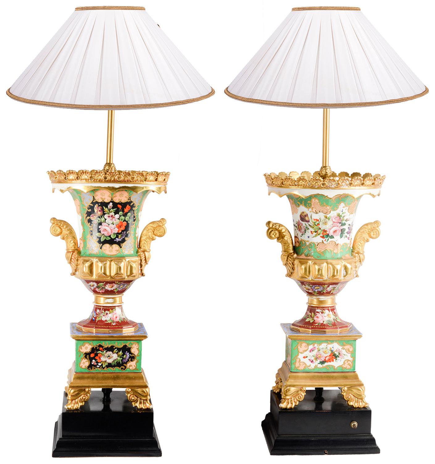 French Pair of 19th Century Paris Porcelain Urn / Lamps