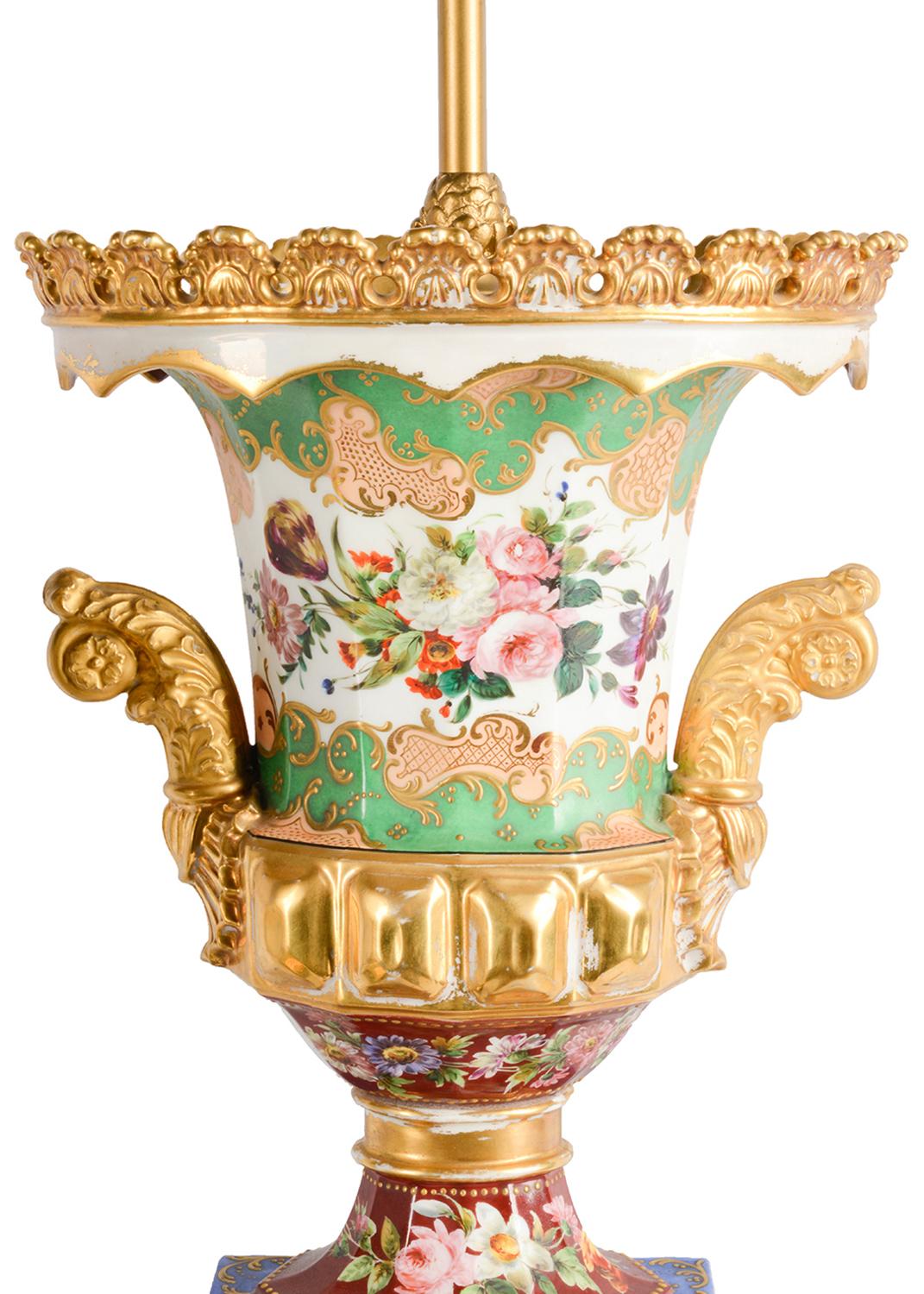 Hand-Painted Pair of 19th Century Paris Porcelain Urn / Lamps