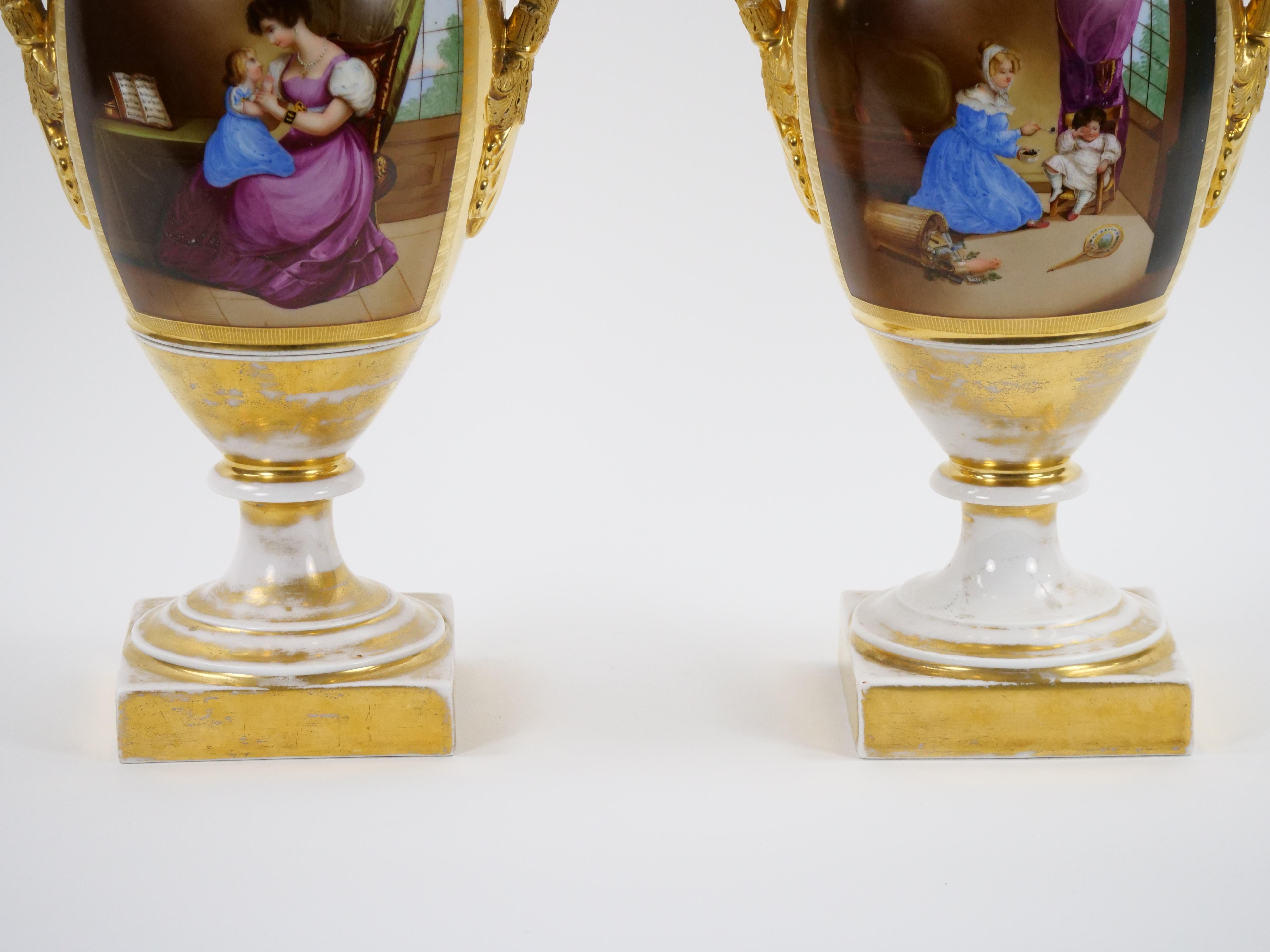 French Pair 19th Century Paris Porcelain Vases with Gilt / Hand-Painted Decorations For Sale