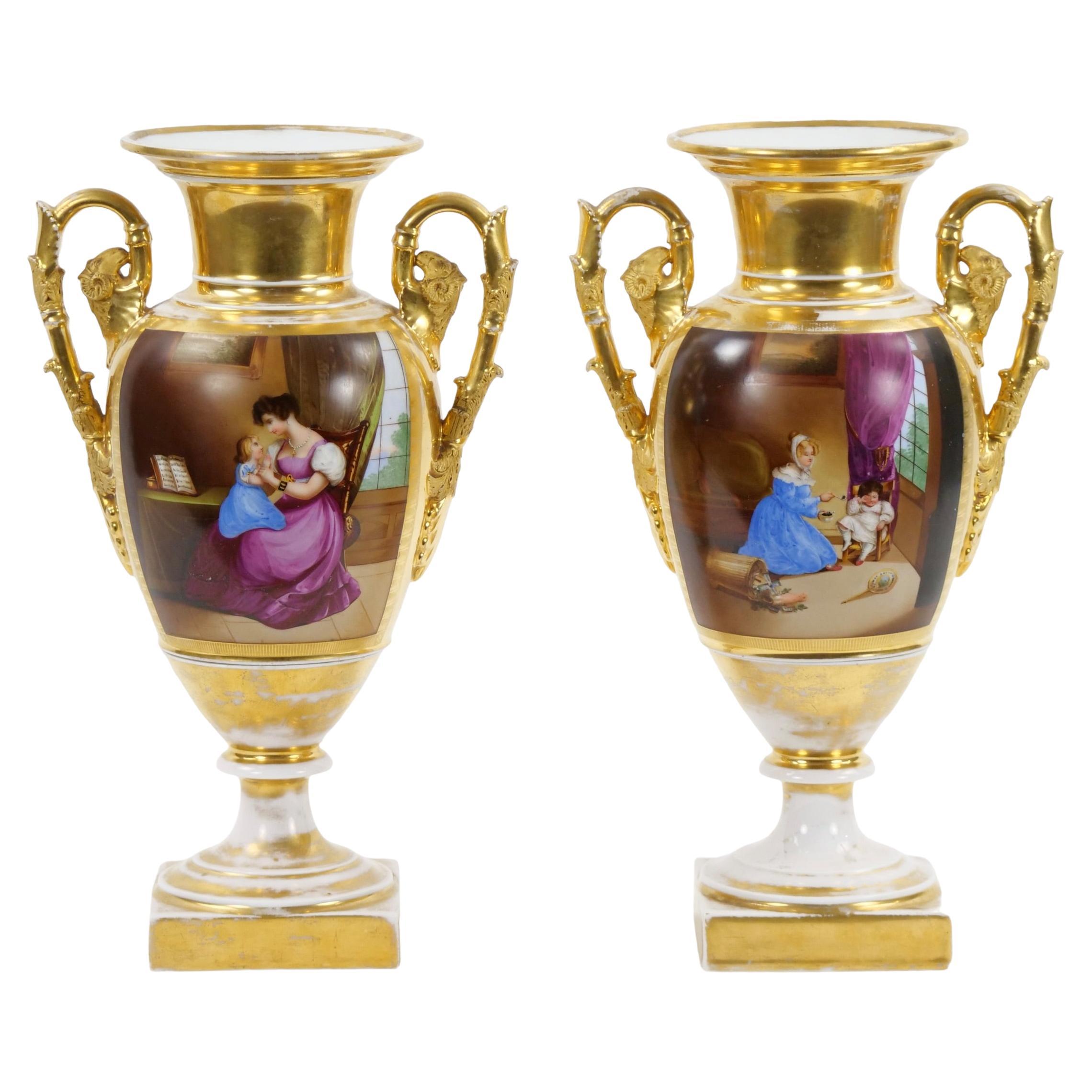 Pair 19th Century Paris Porcelain Vases with Gilt / Hand-Painted Decorations For Sale