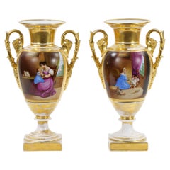 Antique Pair 19th Century Paris Porcelain Vases with Gilt / Hand-Painted Decorations