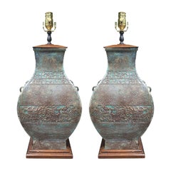 Pair of " Han"  Patinated Bronze Lamps in the Style of James Mont