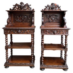PAIR 19th century PETITE French Carved Oak Bookcases Hunt Hound Barley Twist