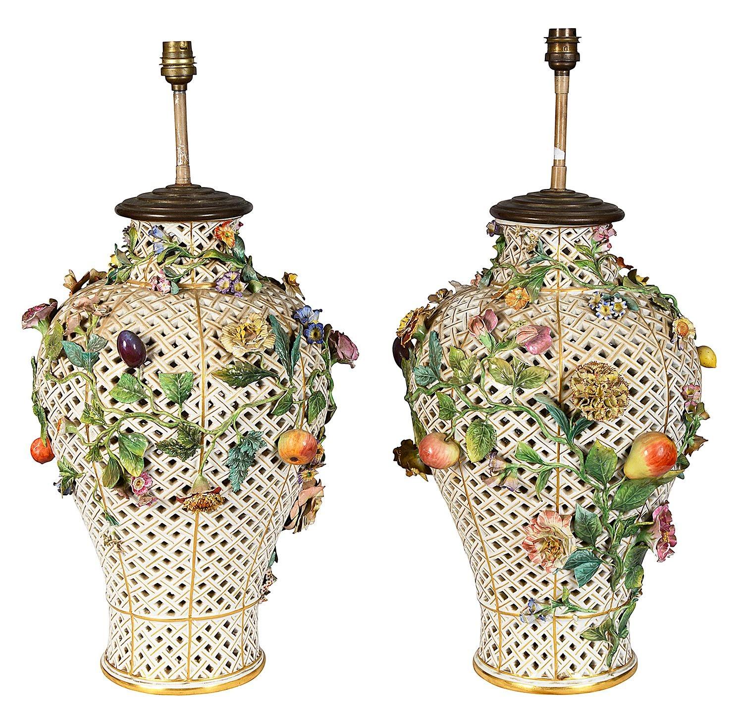 German Pair 19th Century pierced Meissen vases / lamps For Sale