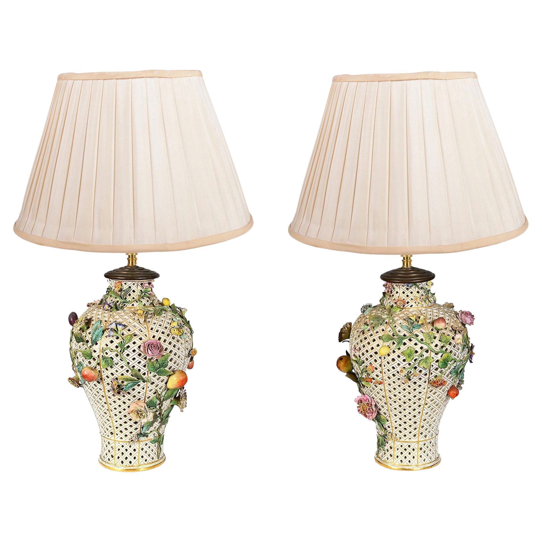 Pair 19th Century pierced Meissen vases / lamps For Sale