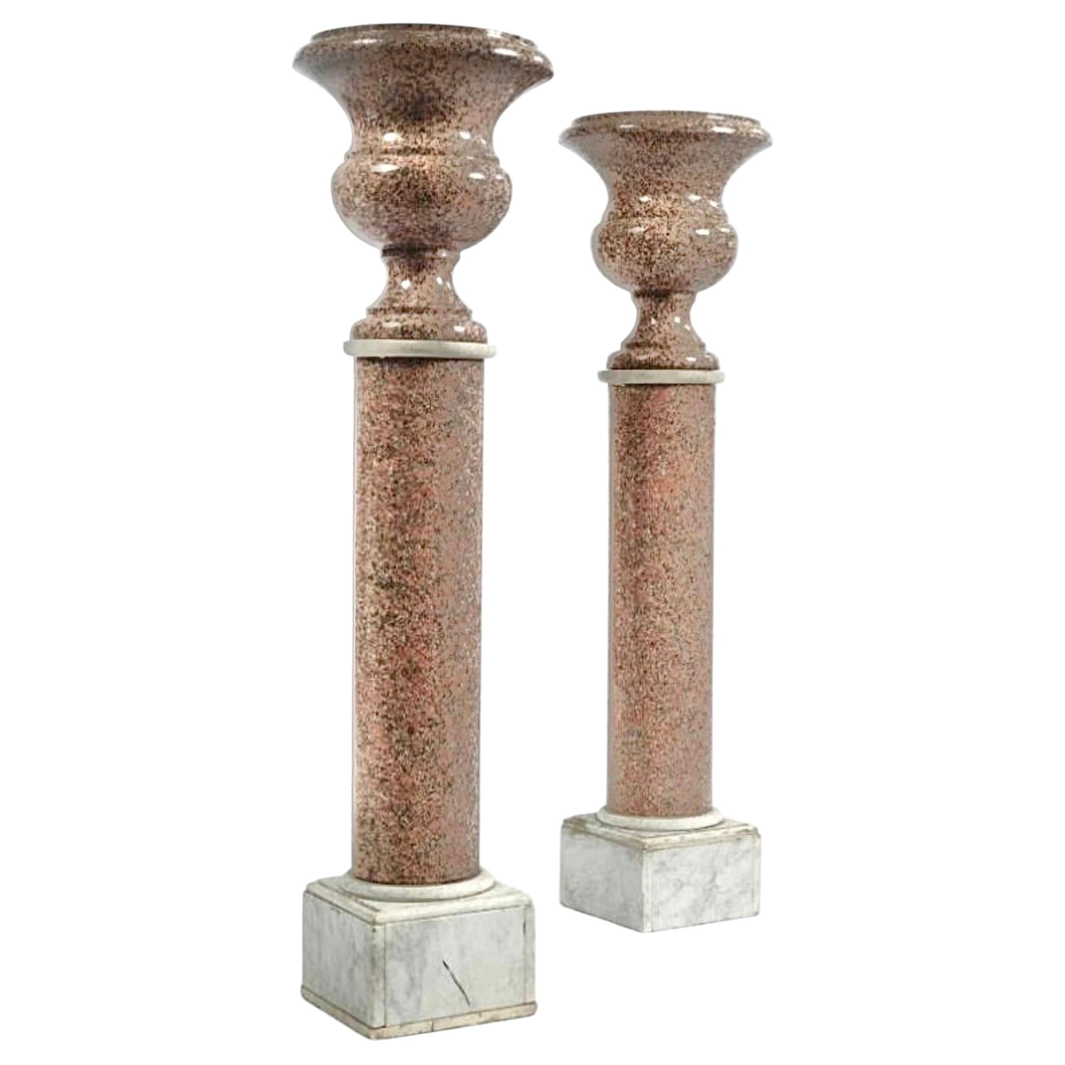 Pair 19th Century Pink Granite and Marbles Jardinieres Urns on Pedestals