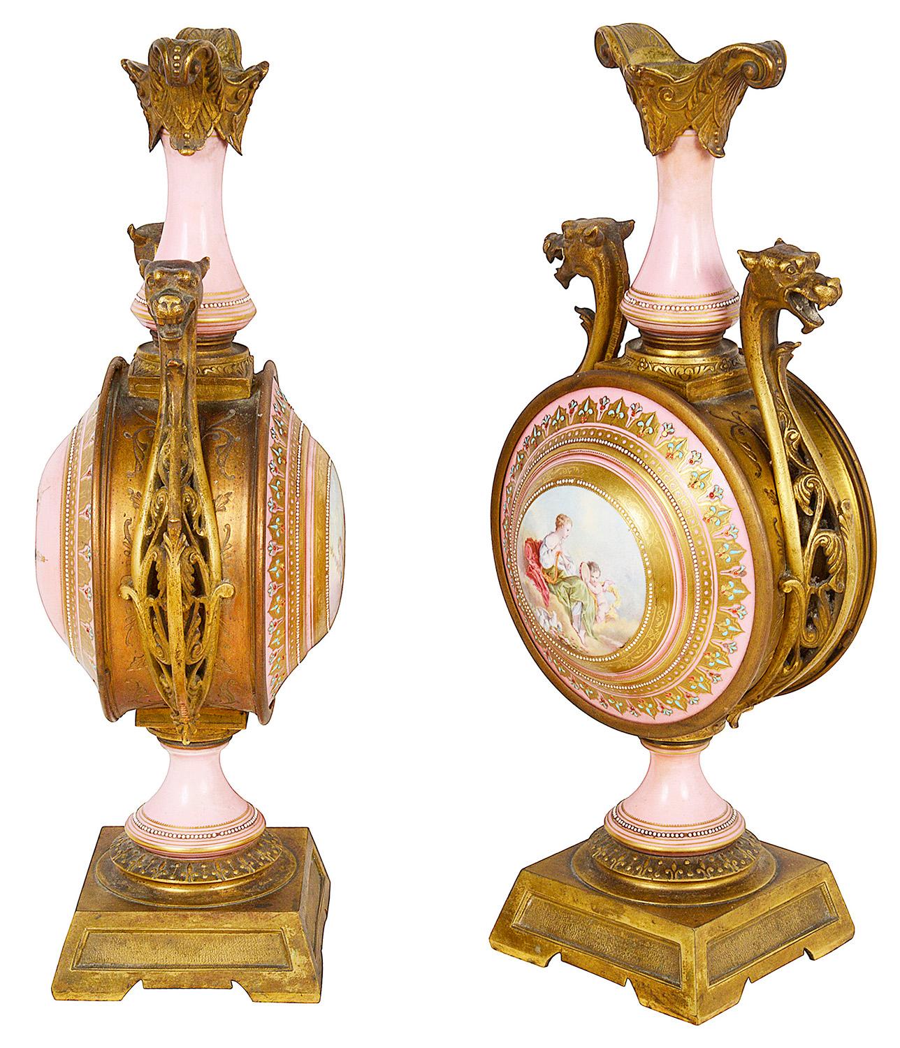 Pair 19th Century Pink Sevres Style Porcelain Vases For Sale 3
