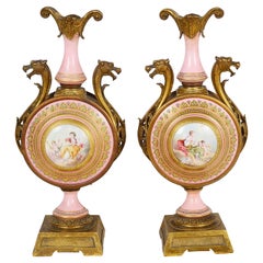 Antique Pair 19th Century Pink Sevres Style Porcelain Vases