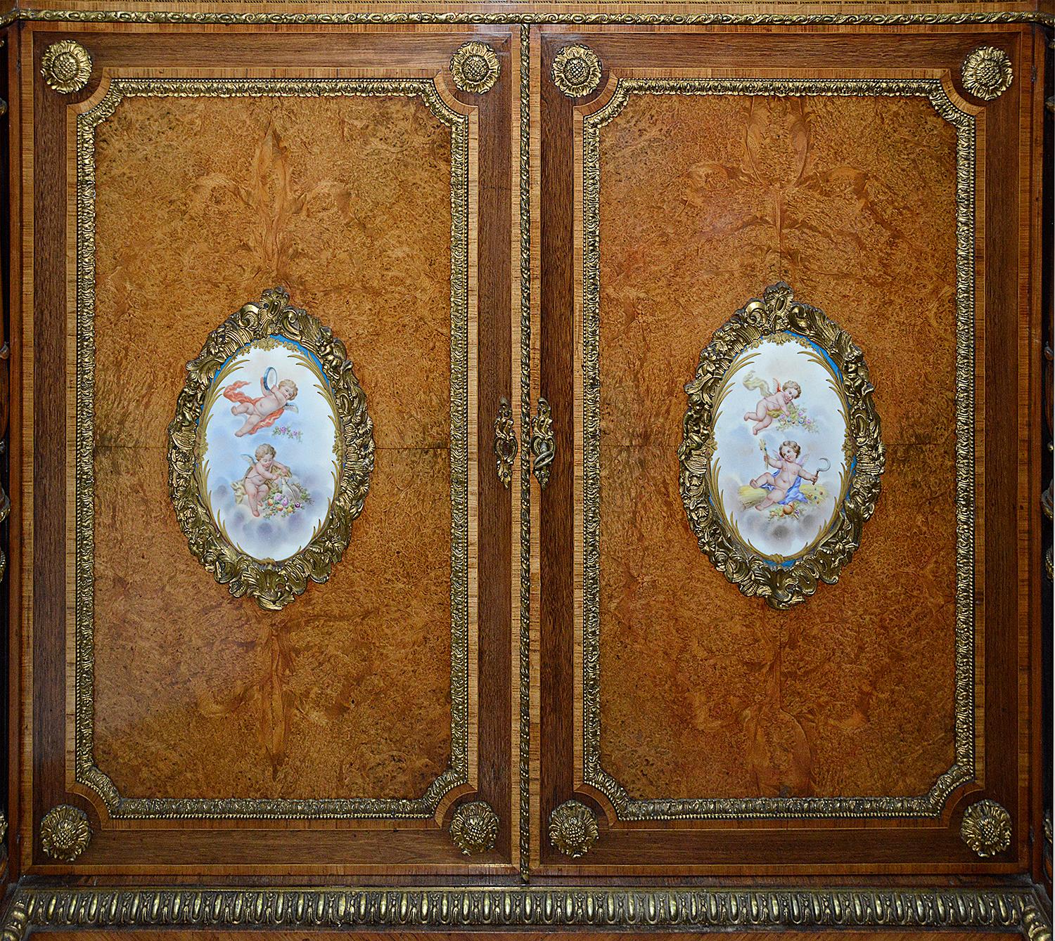 Victorian Pair of 19th Century Porcelain Mounted Side Cabinets / Credenzas For Sale