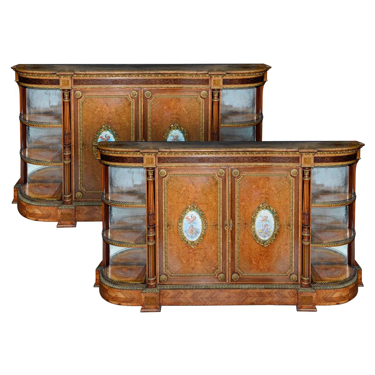 Pair of 19th Century Porcelain Mounted Side Cabinets / Credenzas For Sale