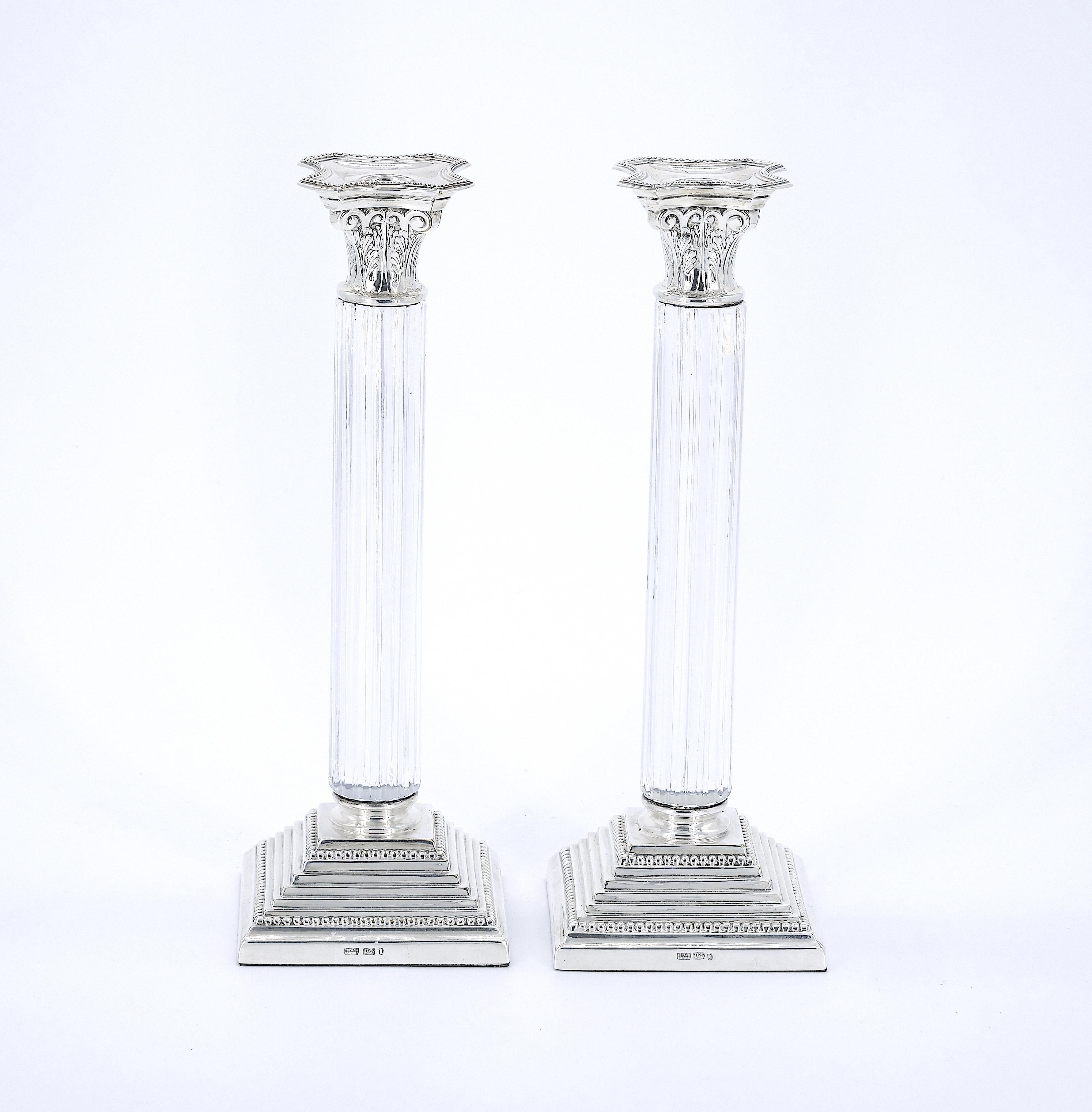 Pair 19th Century Portuguese Silverplated and Glass Column Form Candlesticks For Sale 6