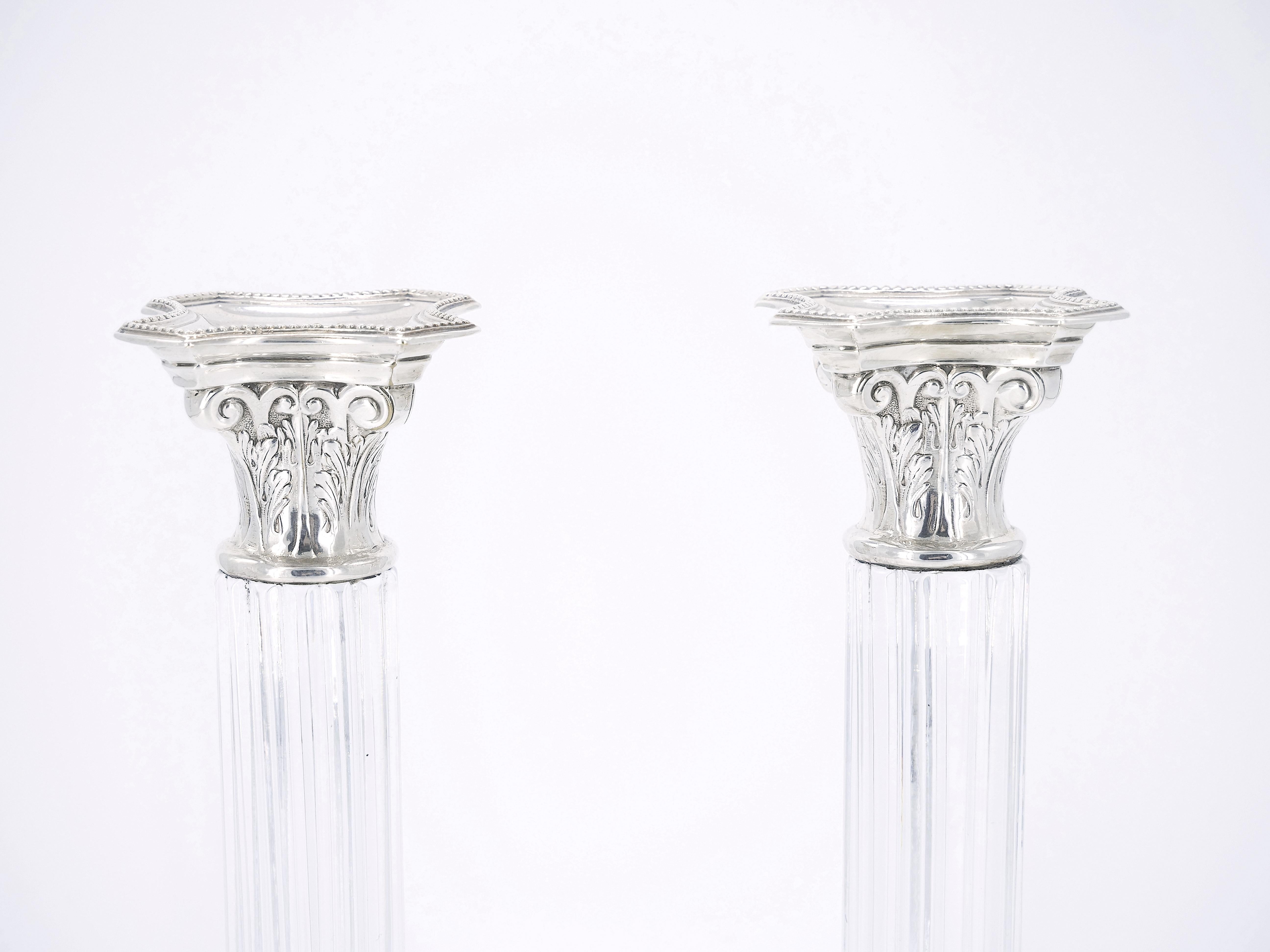 Neoclassical Revival Pair 19th Century Portuguese Silverplated and Glass Column Form Candlesticks For Sale