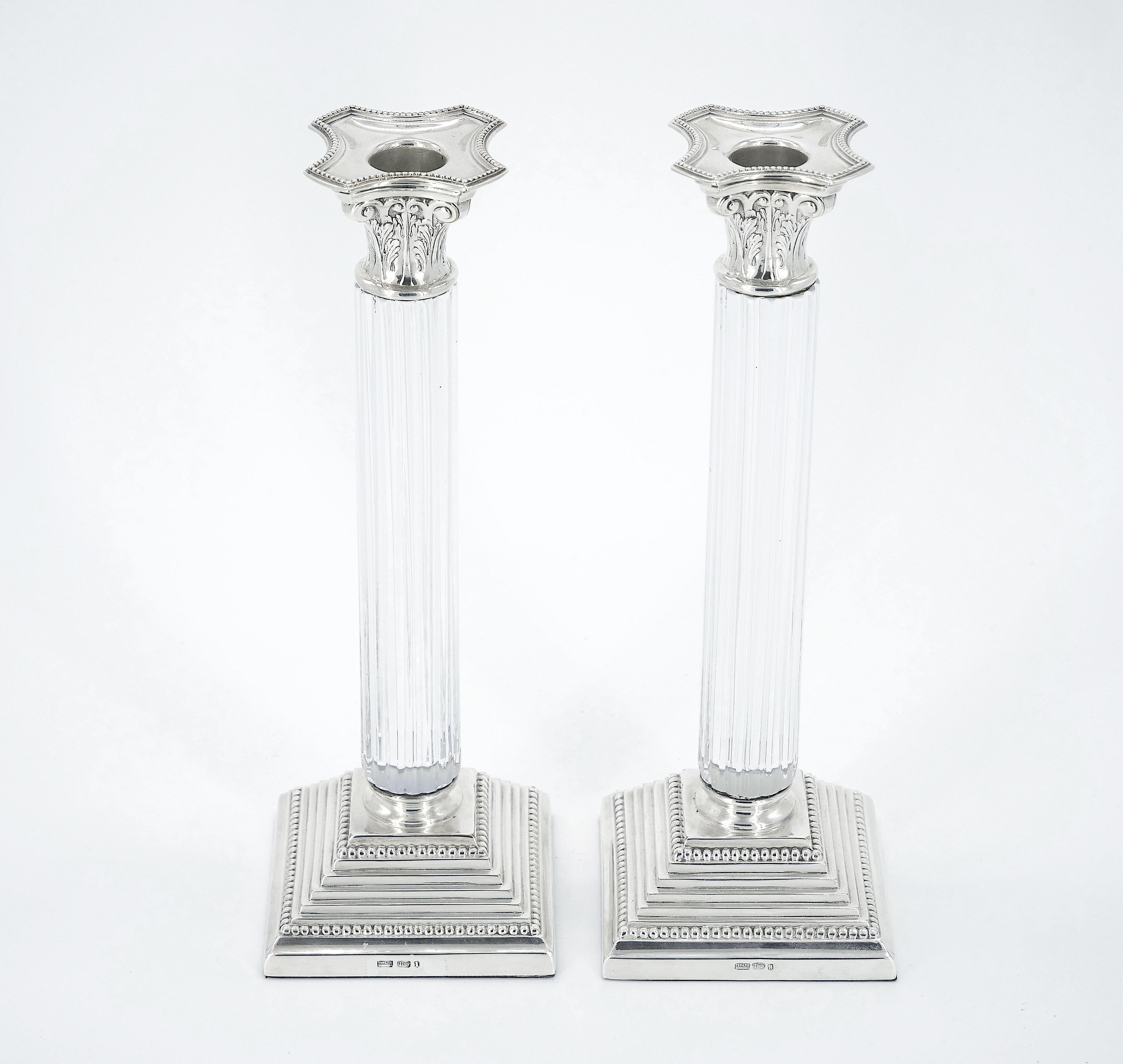 Pair 19th Century Portuguese Silverplated and Glass Column Form Candlesticks For Sale 2