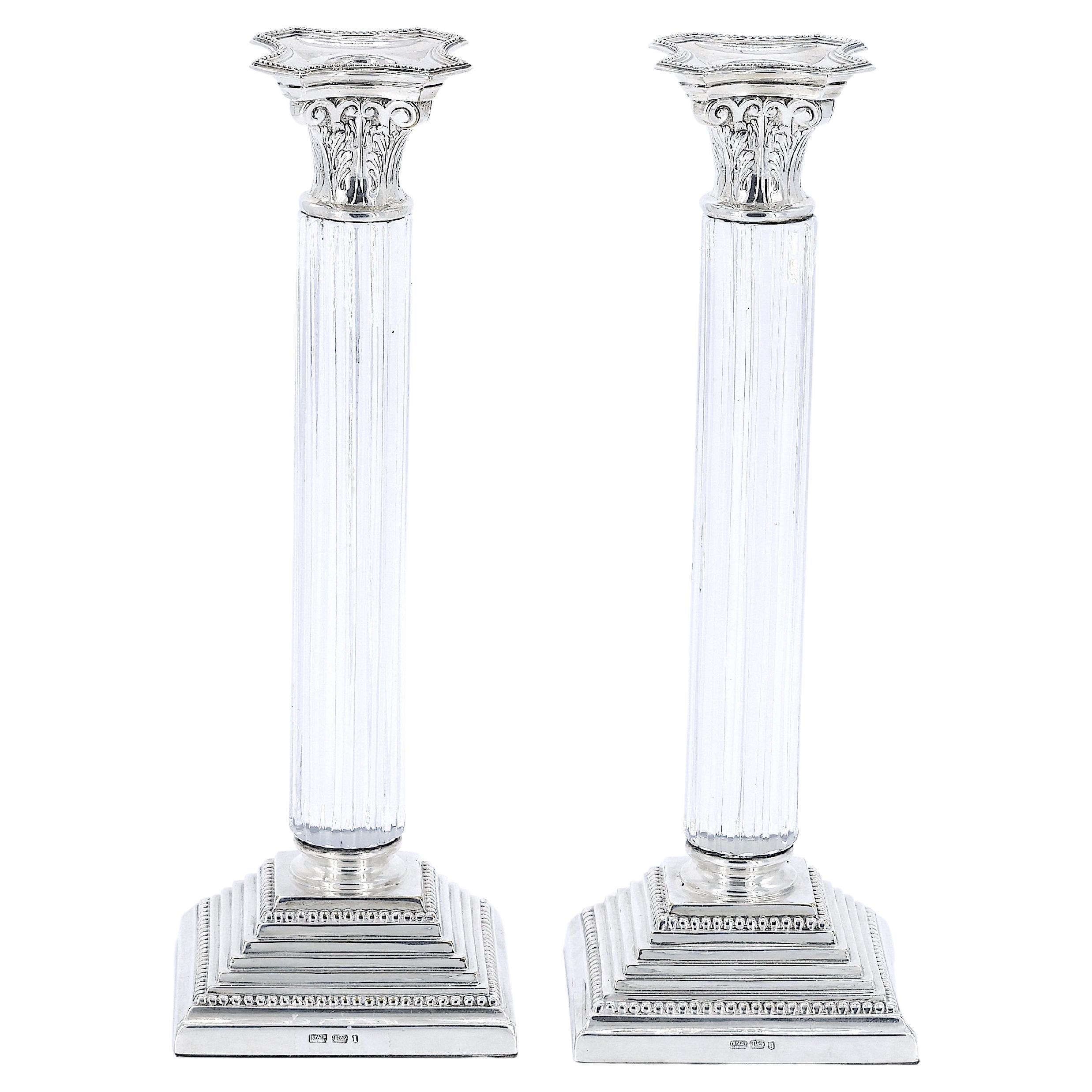 Pair 19th Century Portuguese Silverplated and Glass Column Form Candlesticks For Sale