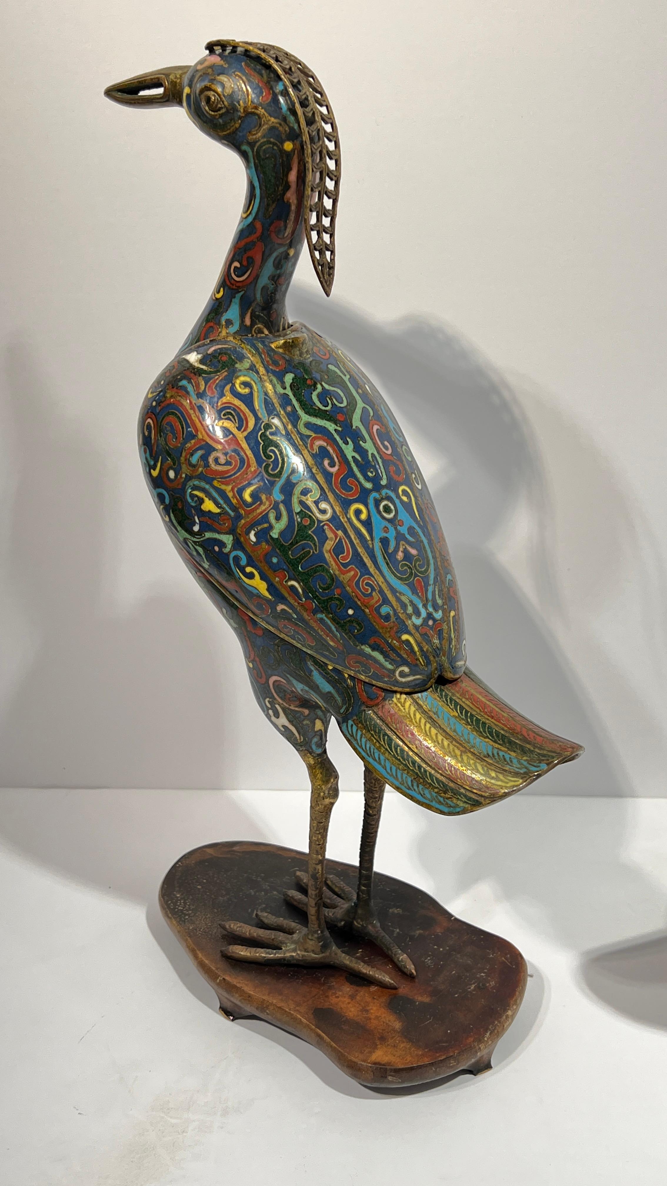 Enameled Pair 19th Century Qing Chinese Quail Bird Cloisonne Censers