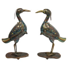 Pair 19th Century Qing Chinese Quail Bird Cloisonne Censers