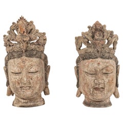 Paire de têtes de temple Quan Yin du 19ème siècle