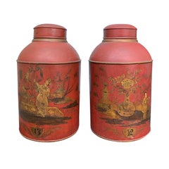 Pair of 19th Century Red Chinoiserie Tole Tea Tins with Lids
