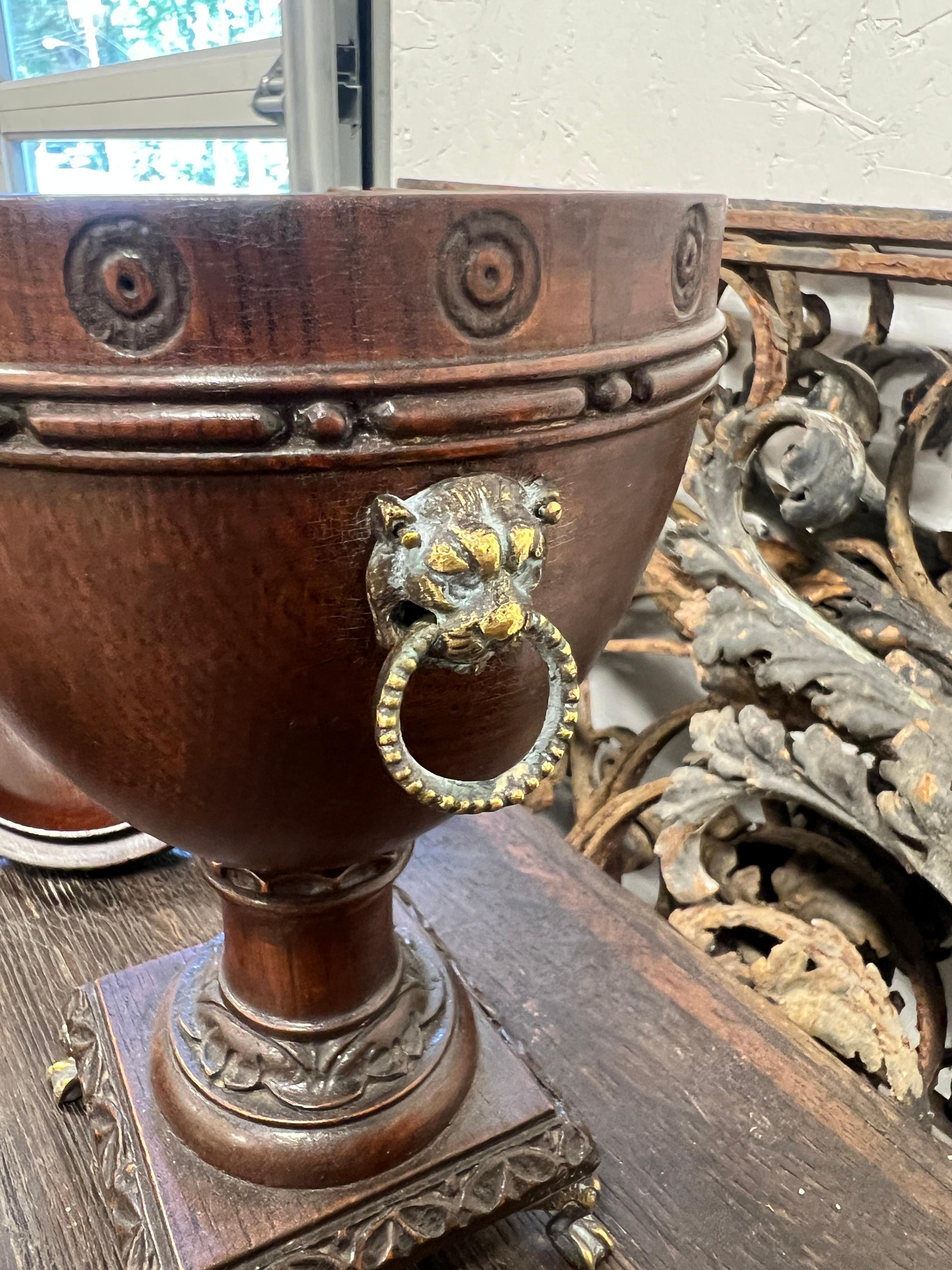 Pair, 19th Century Regency Brass Lion Mounted Lidded Oak Urns For Sale 5