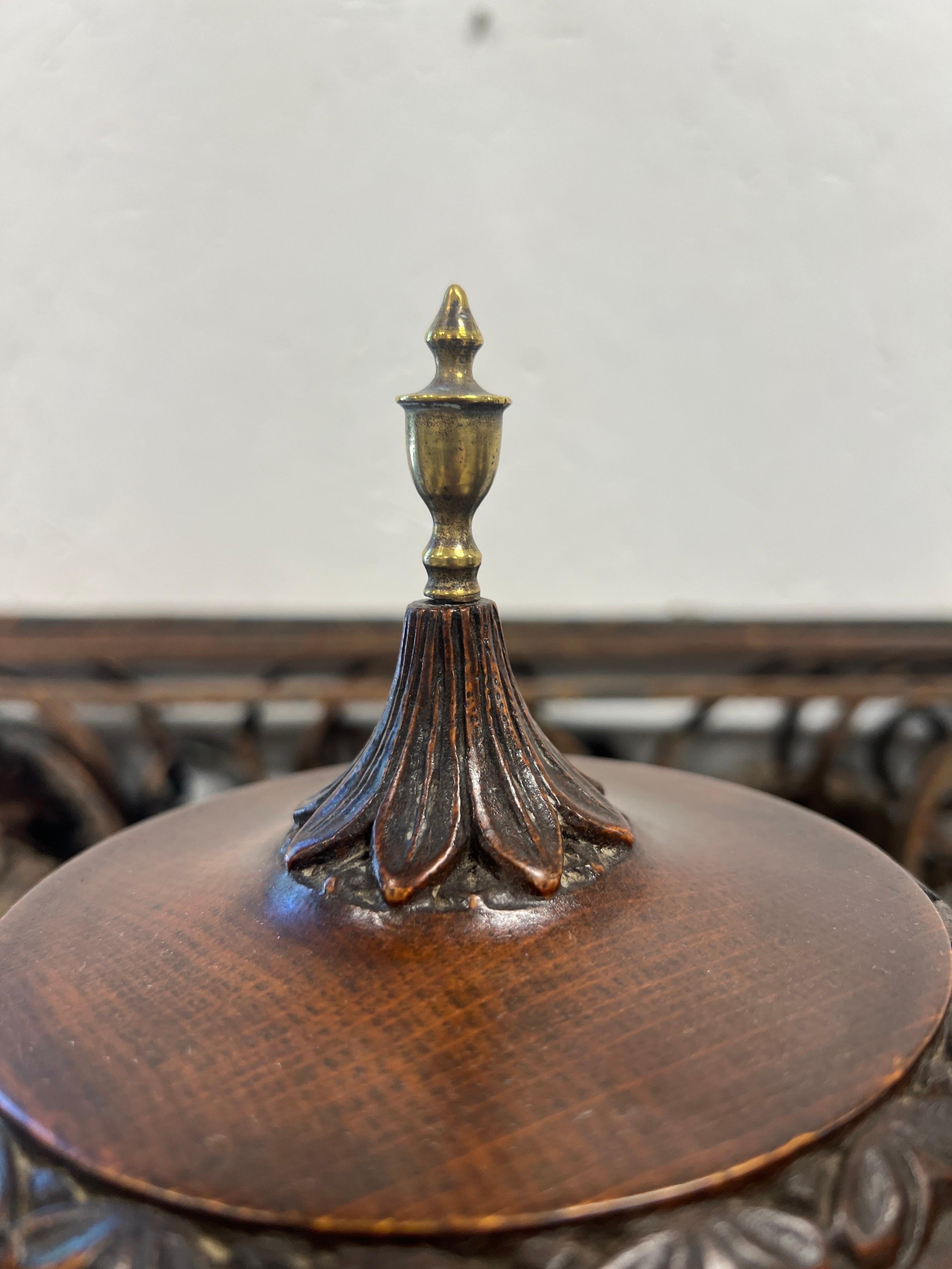 Pair, 19th Century Regency Brass Lion Mounted Lidded Oak Urns For Sale 2