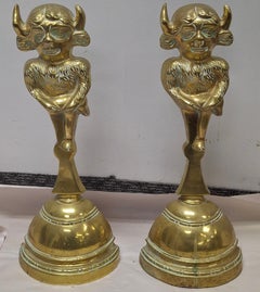Pair 19th Century Regency polished Solid Brass and Iron Bull Head Andirons