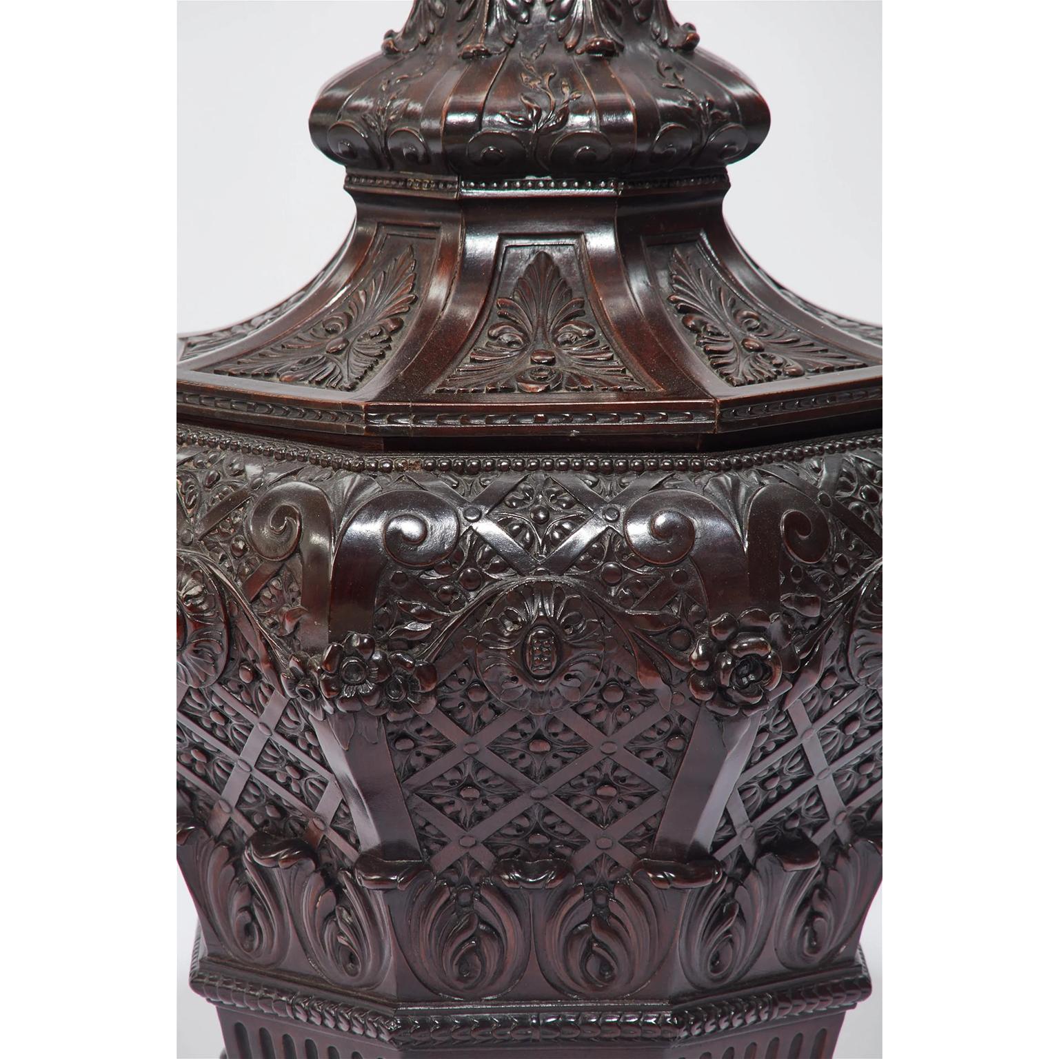 Pair 19th Century Regency Style Carved Mahogany Cellarette Urns or Wine Coolers In Good Condition For Sale In Los Angeles, CA