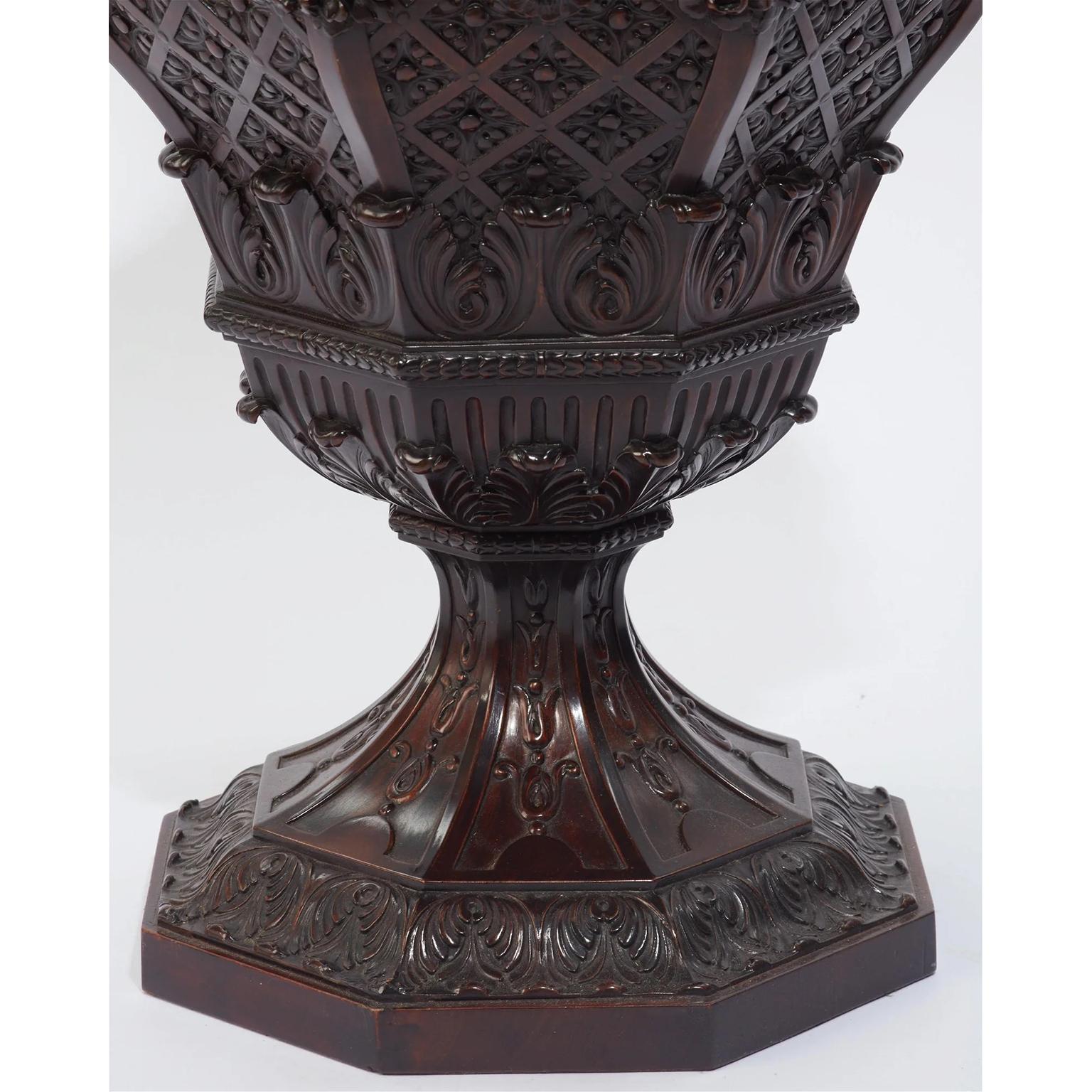 Copper Pair 19th Century Regency Style Carved Mahogany Cellarette Urns or Wine Coolers For Sale