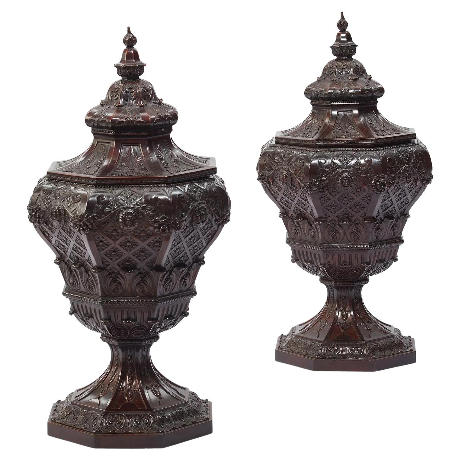 Pair 19th Century Regency Style Carved Mahogany Cellarette Urns or Wine Coolers