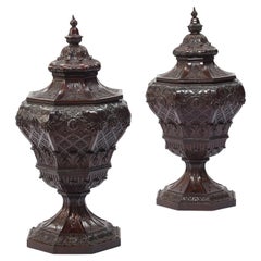 Antique Pair 19th Century Regency Style Carved Mahogany Cellarette Urns or Wine Coolers