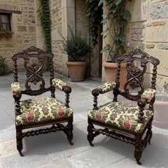 PAIR 19th Century Renaissance Revival / Louis XIII Style Barley Twist Armchairs