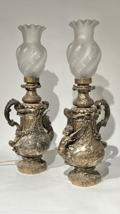 Pair 19th Century Renaissance Revival Silvered Bronze Ewer Form Table Lamps