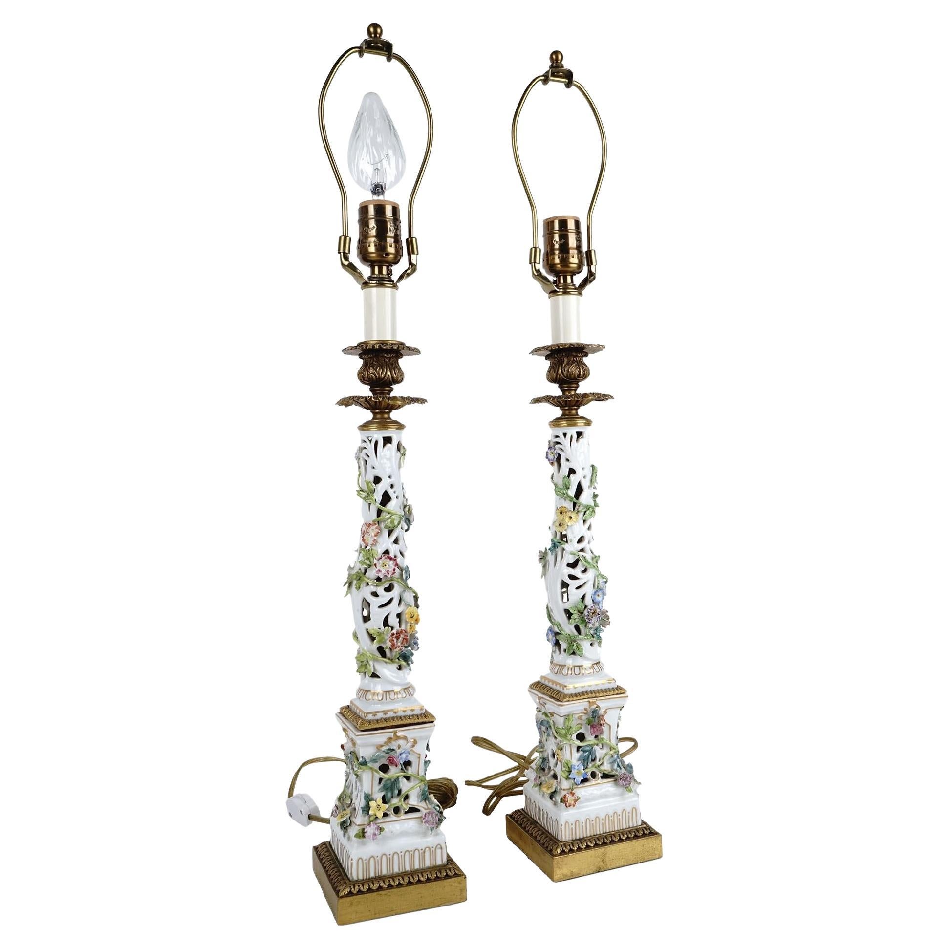 Pair 19th Century Reticulated Floral Encrusted bronze mountPorcelain Table Lamps