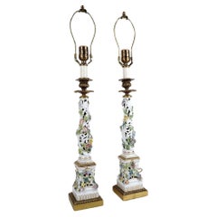 Pair 19th Century Reticulated Floral Encrusted Porcelain and Bronze Table Lamps