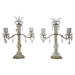 Pair 19th Century Rock Crystal and Bronze Two-Light Candelabra