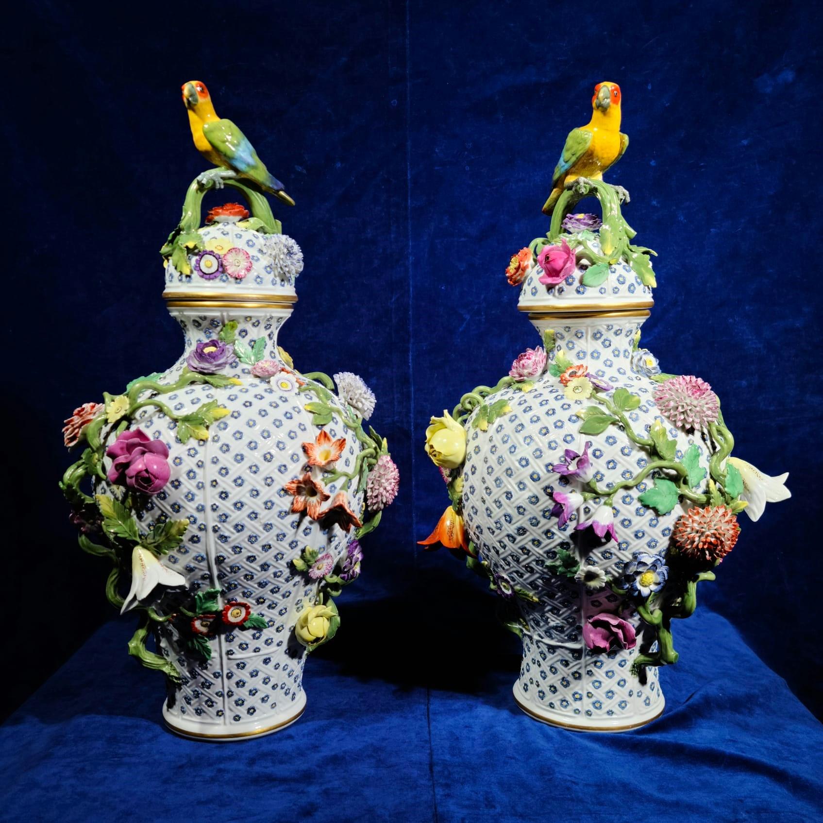 An incredible pair of 19th century Rococo Style Meissen Porcelain parrot and flower encrusted lidded vases. Each is absolutely stunning with a variety of hand-painted and encrusted flowers, vines, and leaves flowing throughout the vases. The bodies