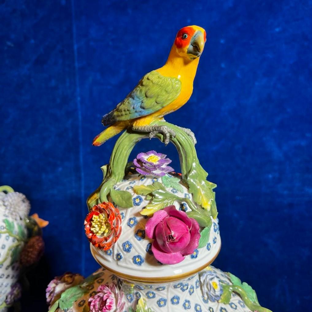 Pair 19th Century Rococo Style Meissen Porcelain Parrot and Flower Lidded Vases For Sale 2