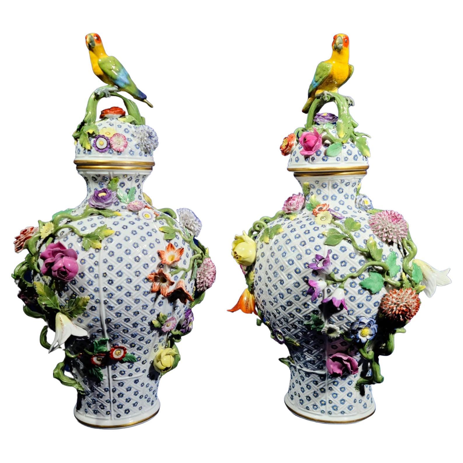 Pair 19th Century Rococo Style Meissen Porcelain Parrot and Flower Lidded Vases