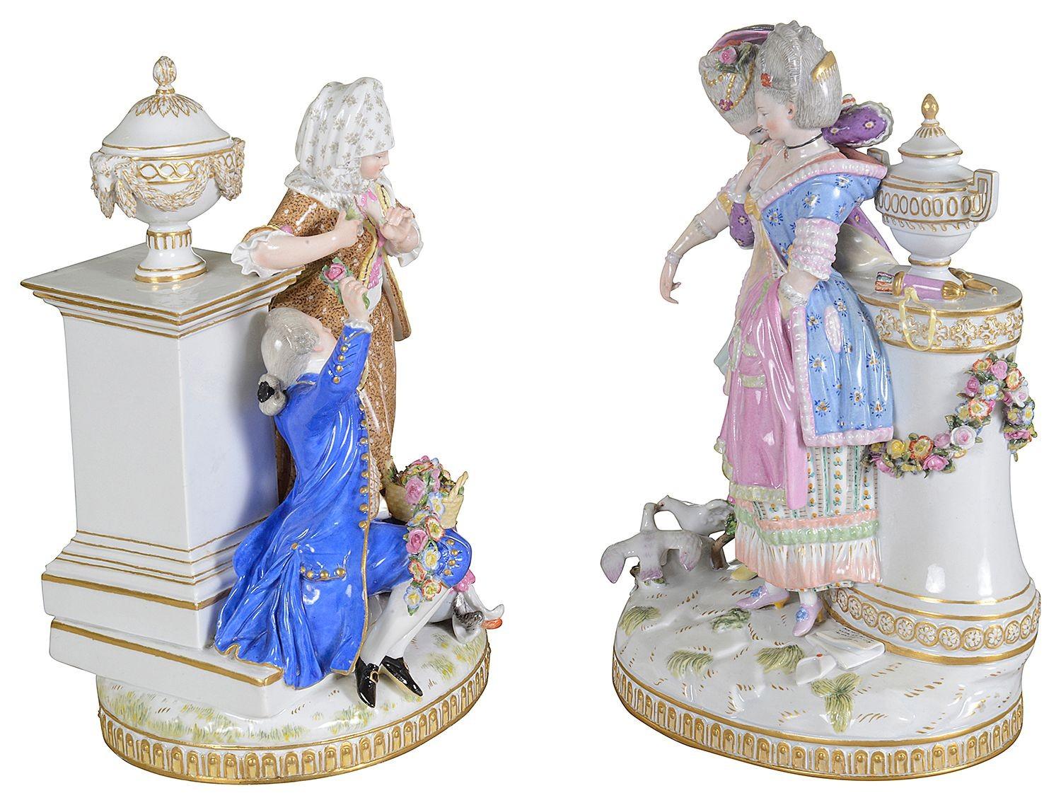 This exquisite pair of 19th Century Meissen porcelain groups showcases the artistry and craftsmanship characteristic of Meissen. The figures depict a charming scene of courtship, featuring a gentleman presenting flowers to a lady, symbolizing