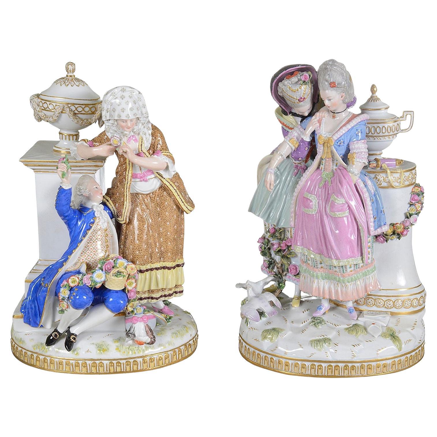 Pair 19th Century Romantic Meissen porcelain groups. For Sale