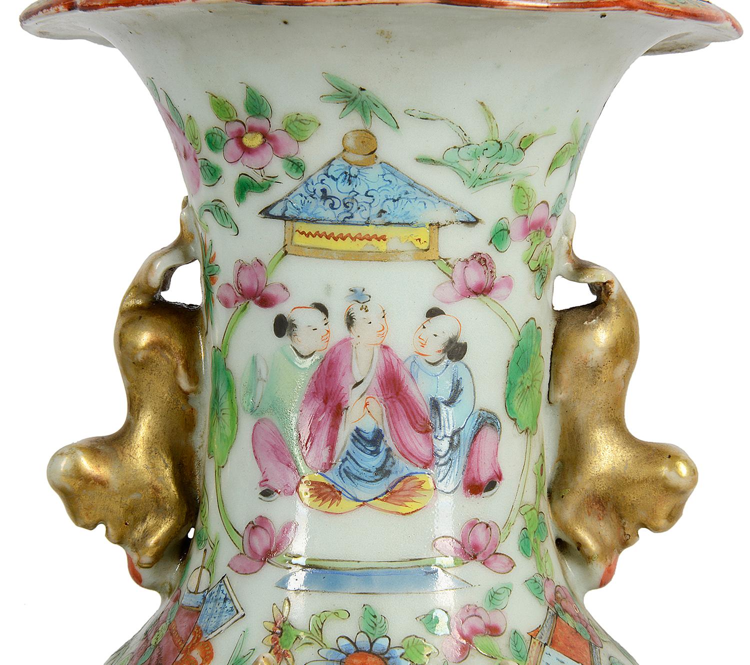 Hand-Painted Pair of 19th Century Rose Medallion Ormolu Mounted Vases / Lamps For Sale