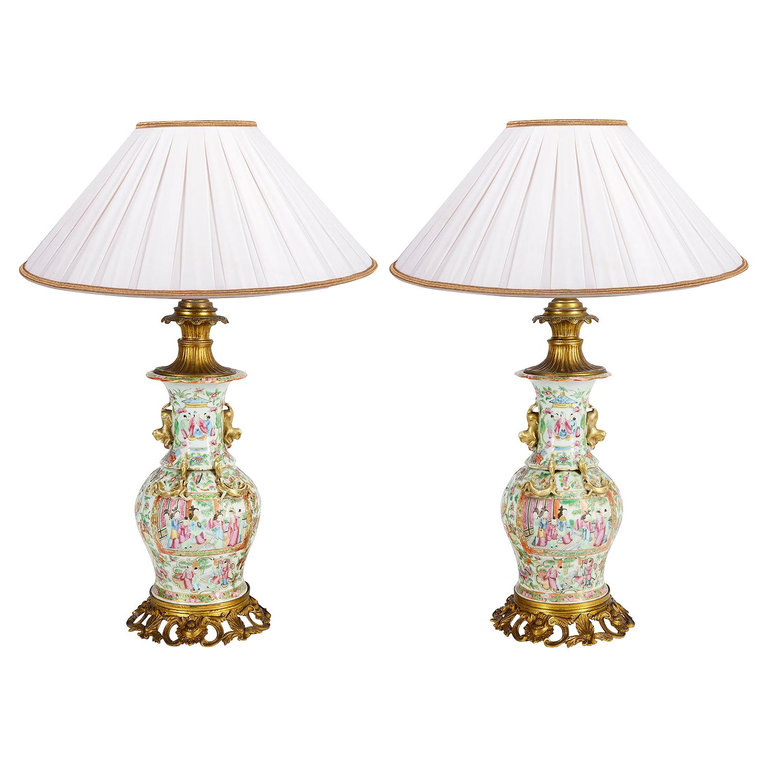 Pair of 19th Century Rose Medallion Ormolu Mounted Vases / Lamps
